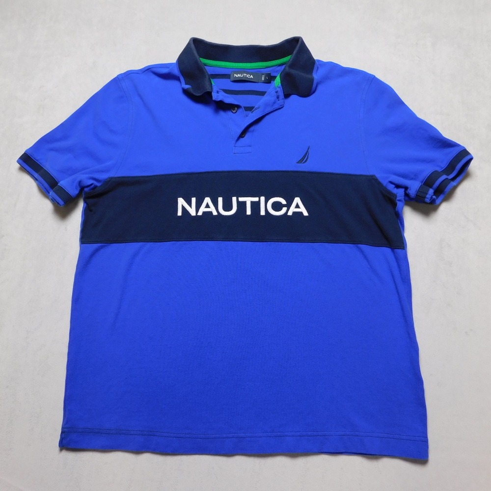Nautica Mens Blue Colorblock Logo Short Sleeve Pique Polo Shirt Size Large